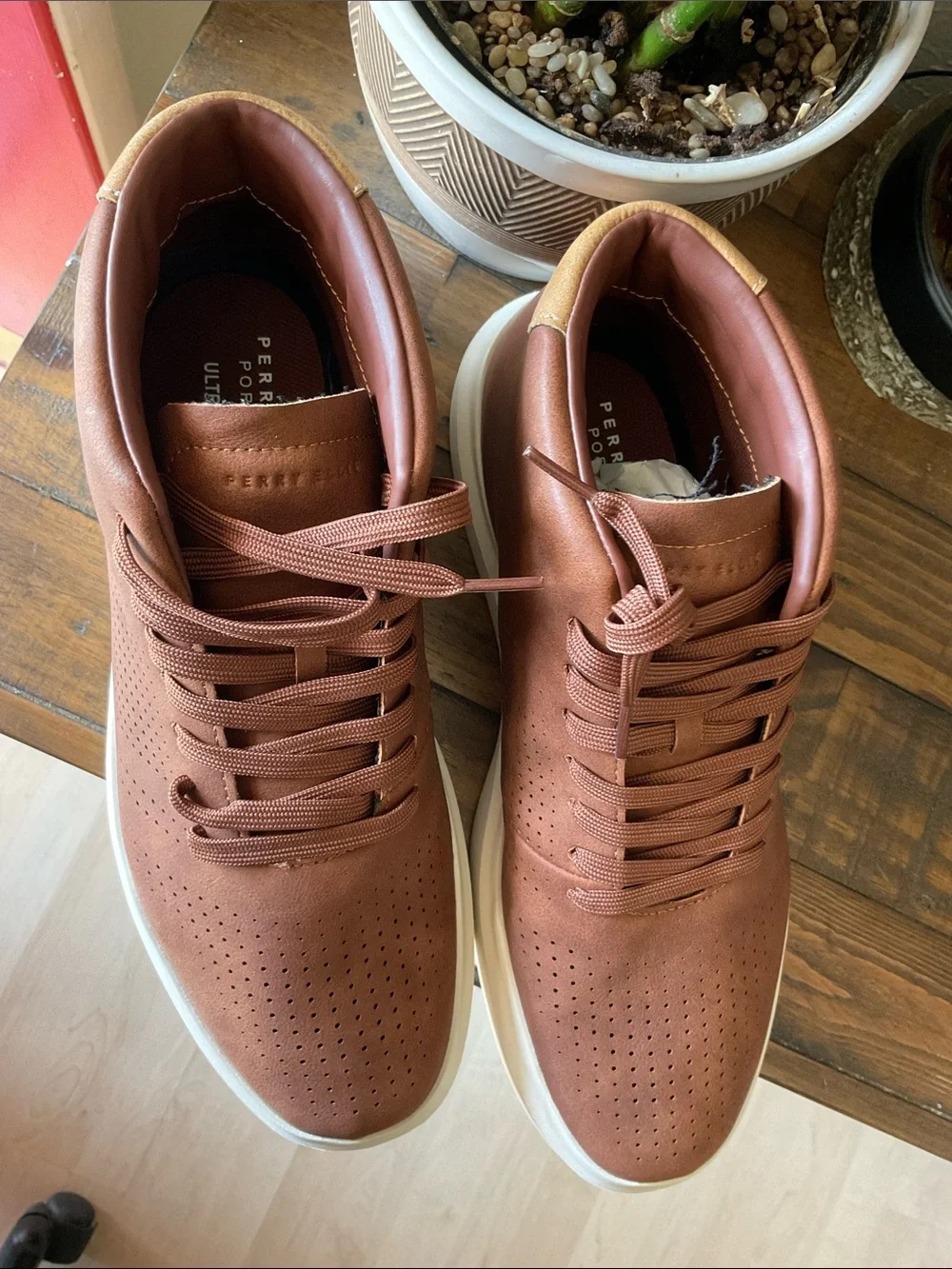 Perry Ellis Men's Mid-Top Sneakers in Cognac Brown with White Sole